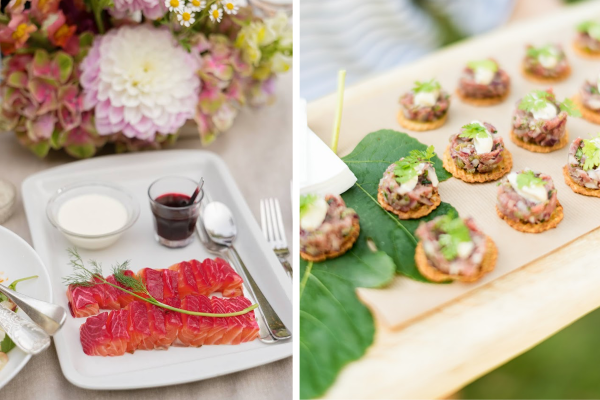 A beetroot and vodka infused Salmon gravlax served with beetroot jelly and wasabi cream and delicious steak tartare canapés topped with truffle mayonnaise on parmesan crisps. All catering is produce by our in-house chefs